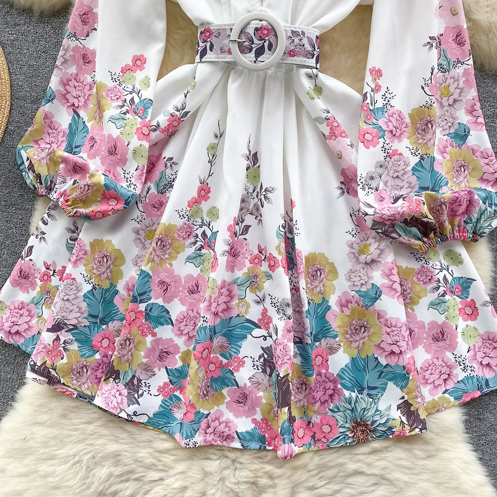 Spring Clothes For Women Vintage Floral Print Dress Stand Collar Long Sleeve Mini Dress With Belt Wedding Elegant Party Dresses