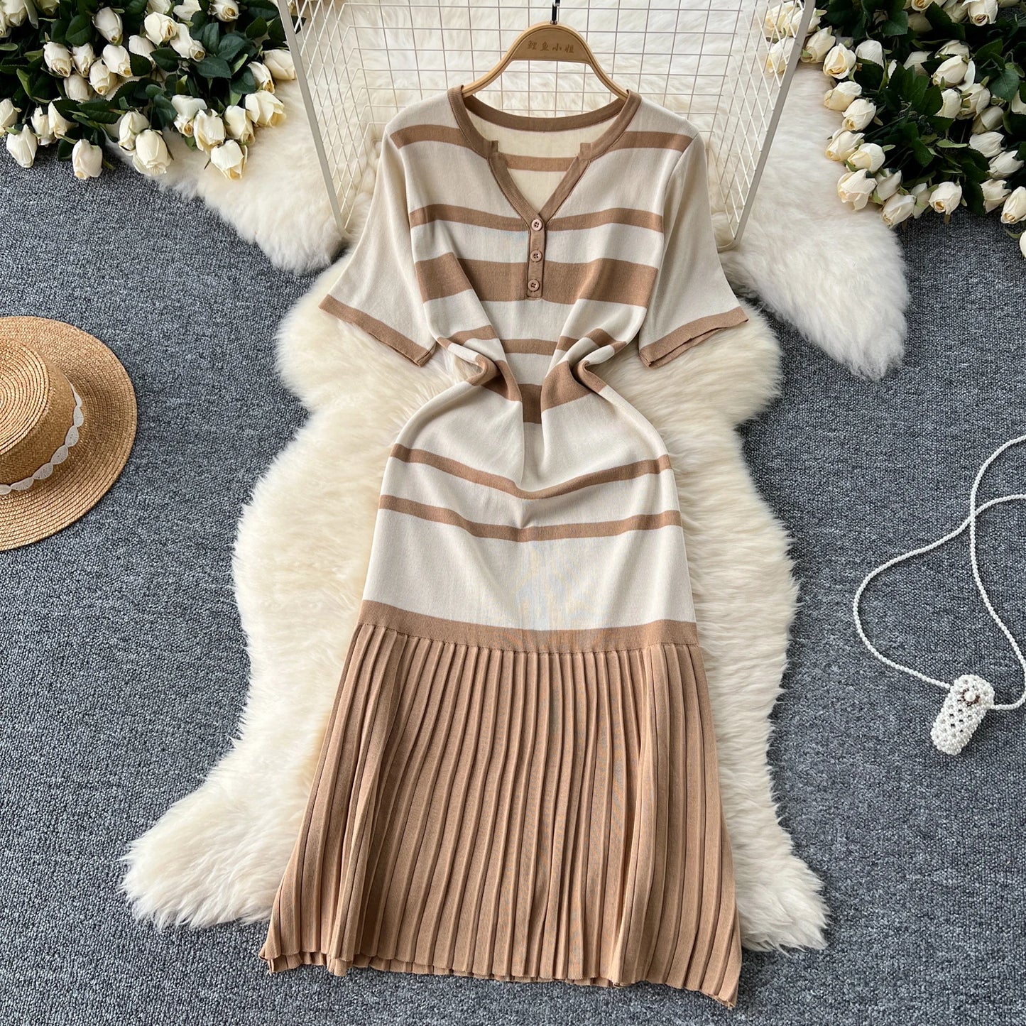 Sexy Chic short sleeve PATCHWORK v-Neck Striped Knit Dress Elegant Fashion Party Slim Summer A-line sweet dresses