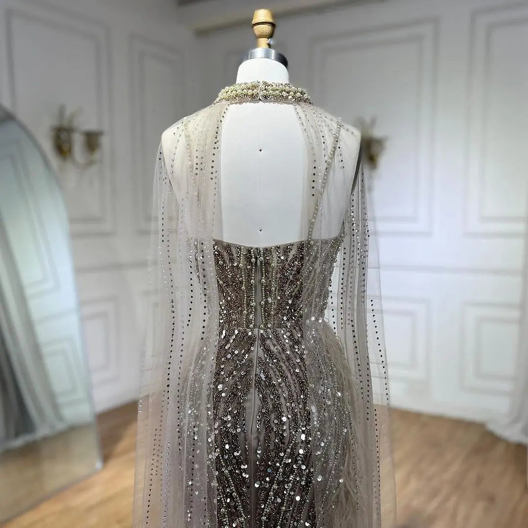 SERENE HILL 2024 White Nude Mermaid Beaded Feathers Luxury Evening Dresses Midi Gown With Cape For Women Wedding Party GLA72047A