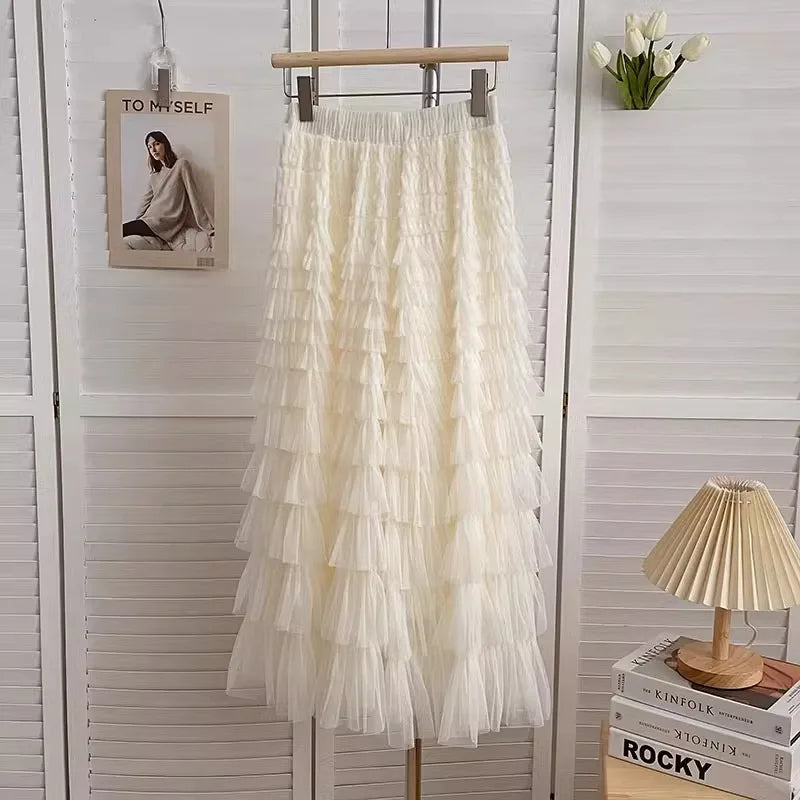 2024 Spring Summer Mesh Cake Skirt Women Korean Fashion Long A-Line Skirts Black Pink Khaki Apricot Y2K Femme Midi Pleated Skirt