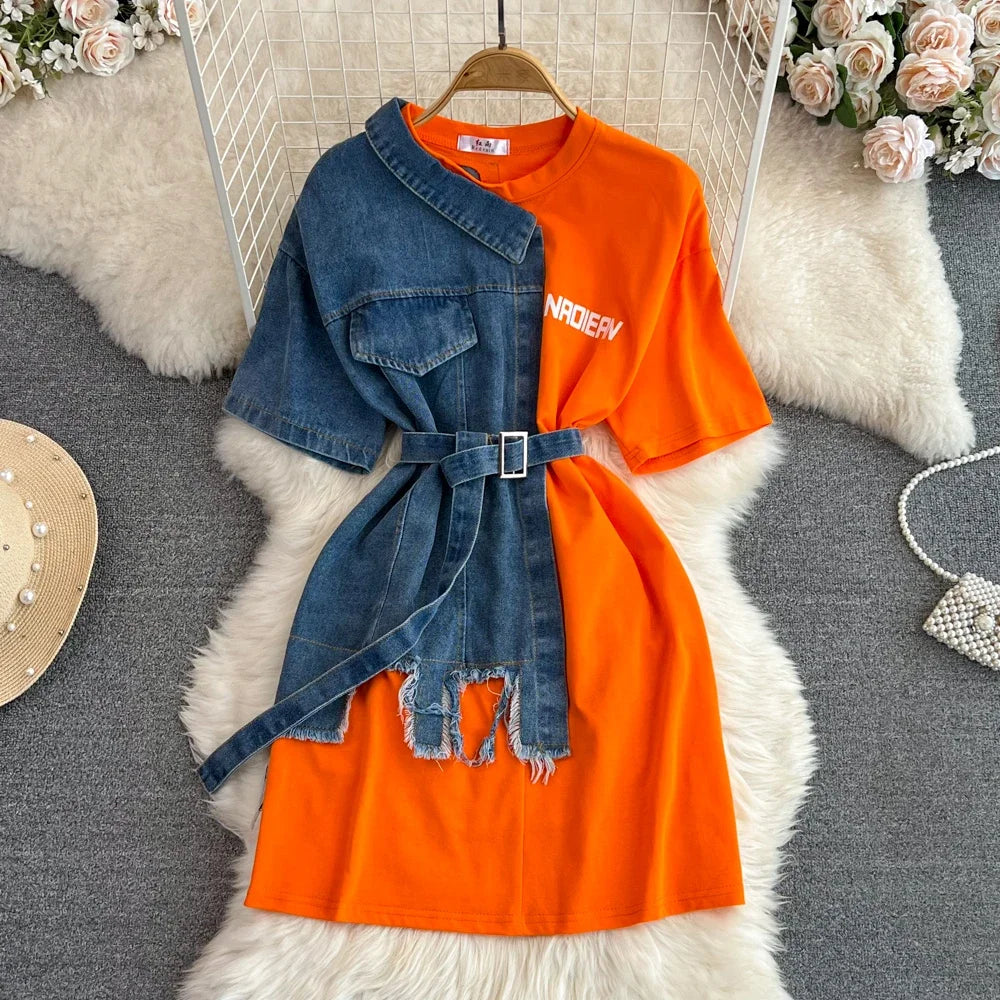 Women Summer Casual T Shirt Short Sleeve Streetwear Patchwork Denim Long Shirts Female O-neck Slim Jeans Tops