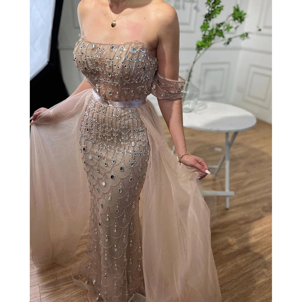 Serene Hill Arabic Caramel Mermaid Strapless With Overskirt Beaded Evening Dresses For Women Wedding Party 2024 LA71922