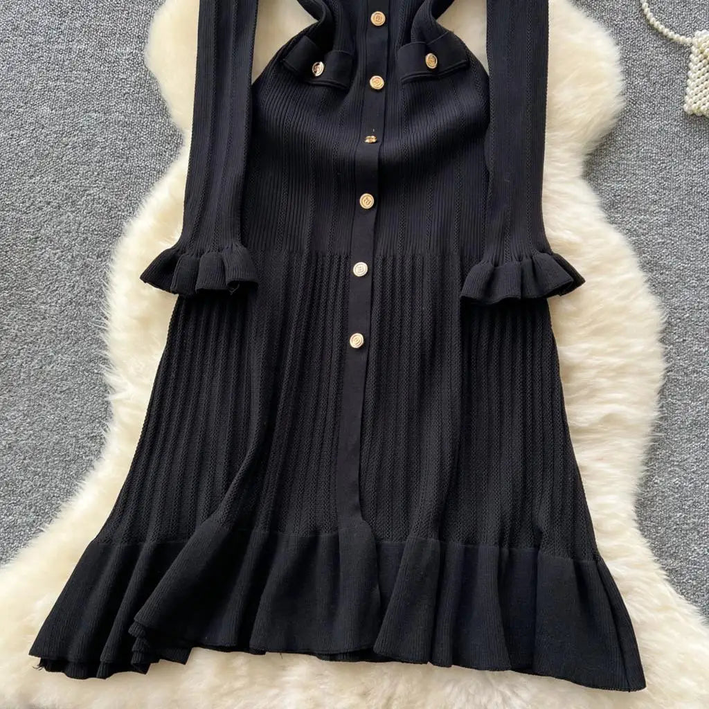 Elegant Women Solid Knitted Dresses Autumn V-Neck Single Breasted Chic Flared Sleeve Ruffles Hem Casual Female Slim Office Robes
