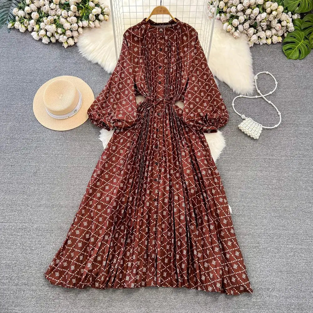 Elegant Women Casual Floral Print Party Dress Vintage Lantern Sleeve A-Line Pleated Prom Birthday Clothes Female Fashion Robe