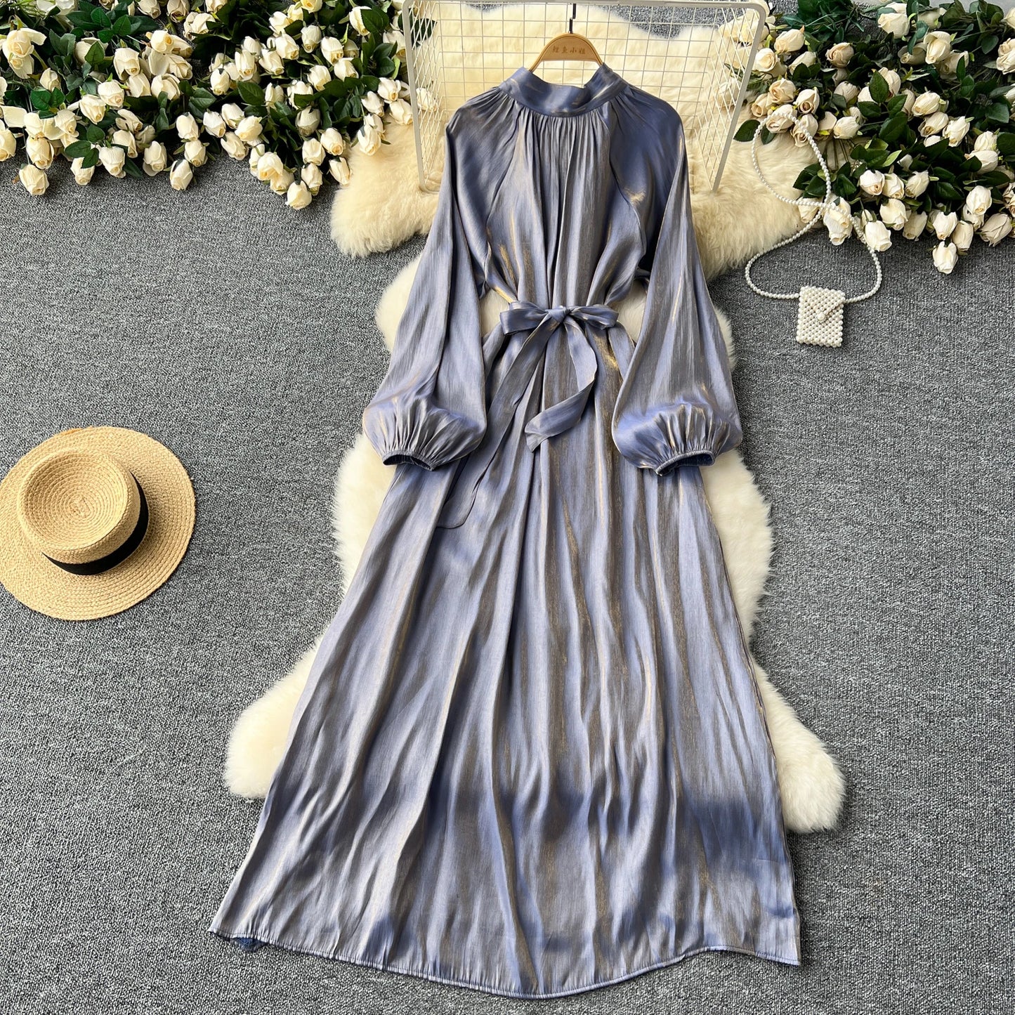 French Vintage Pleated lool sleeve print Lace-up Bow sweet Dress Casual Women Fashion summer dresses