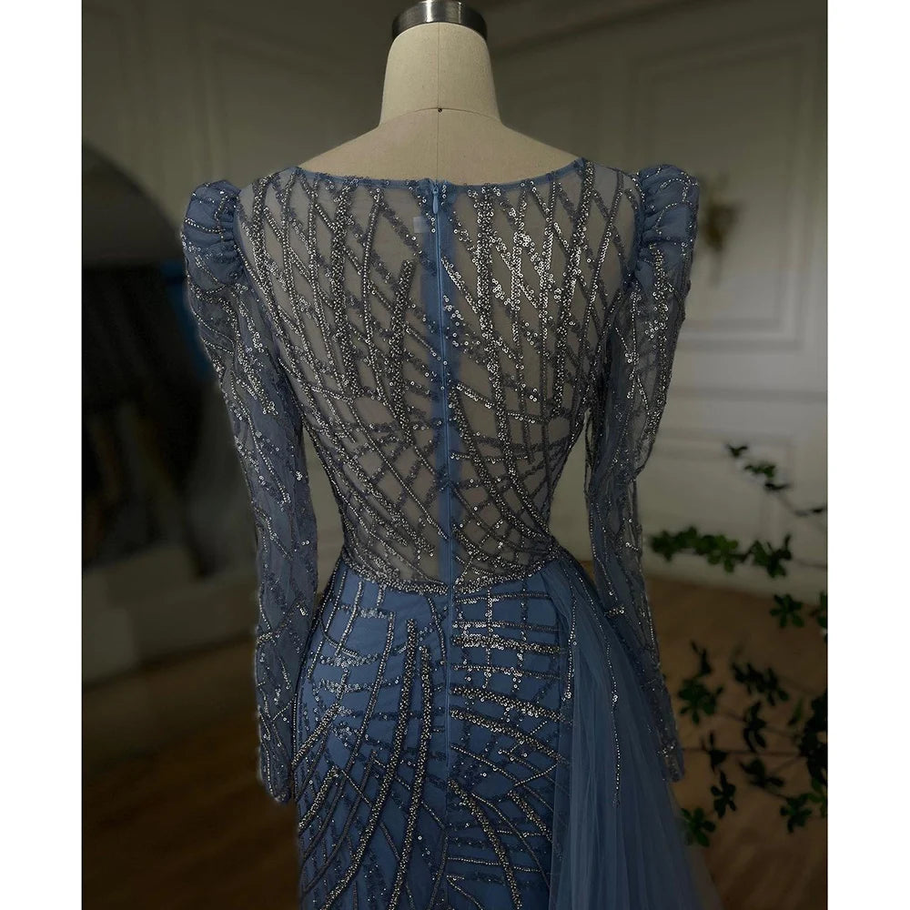 Serene Hill Muslim Gold Mermaid Beaded Luxury Dubai Evening Dresses Gowns With Overskirt 2024 For Women Party LA72206