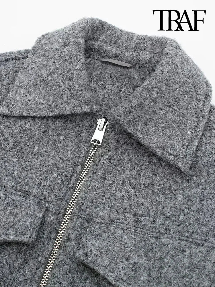 TRAF Women Fashion Patch Pockets With Flaps Cropped Jacket Coat Vintage Long Sleeve Front Zipper Female Outerwear Chic Tops