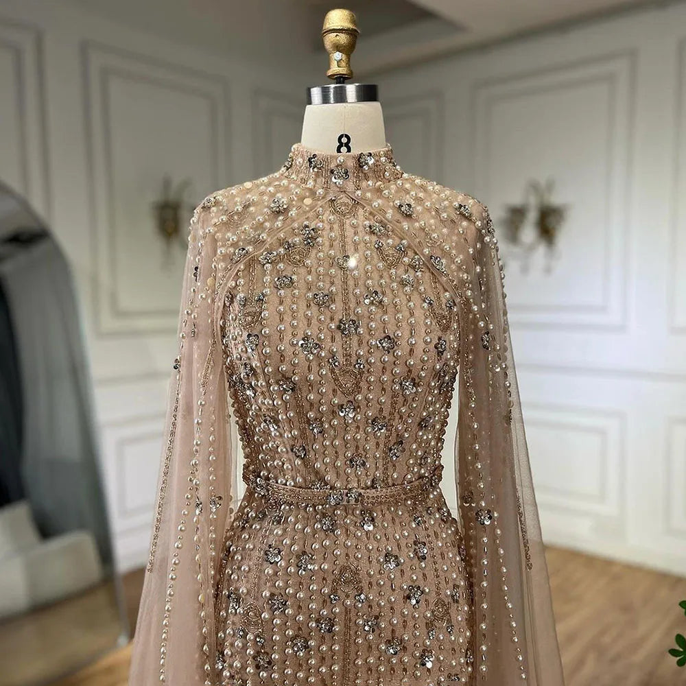 SERENE HILL 2024 Arabic Nude Mermaid Cape Long Sleeves Luxury Beaded Evening Dresses Formal Gowns Women Wedding Party GLA72372