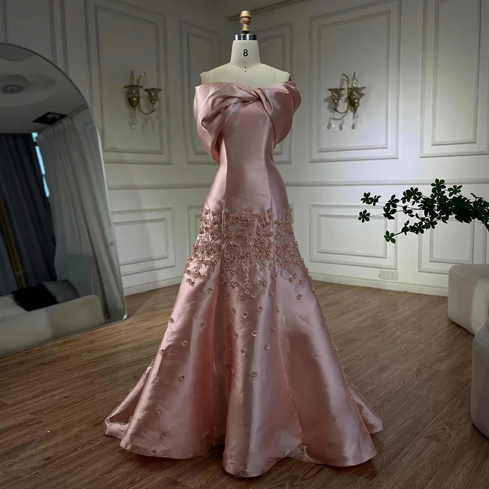 Serene Hill 2024 Luxury Saudi Arabia Off Shoulder Mermaid Peach Satin Luxury Women Evening Dress For Formal Occasions GLA72483