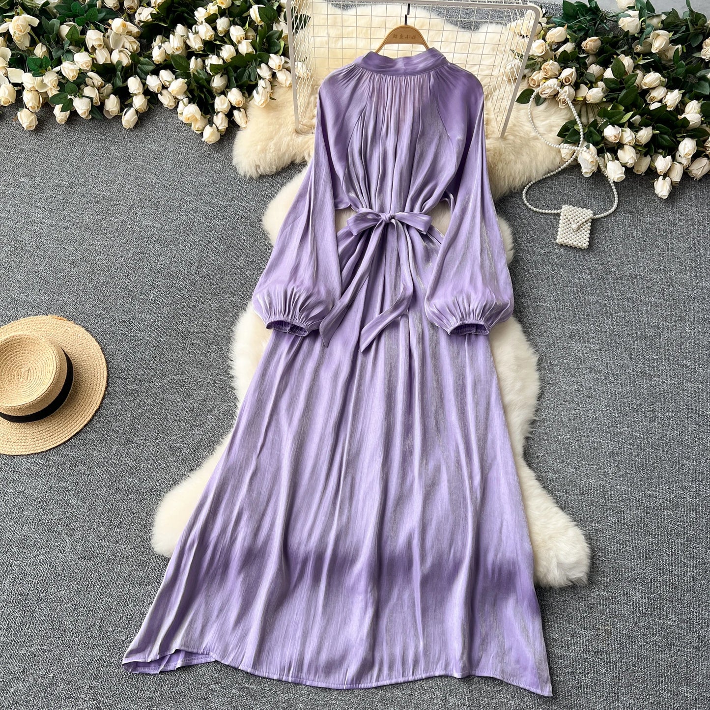 French Vintage Pleated lool sleeve print Lace-up Bow sweet Dress Casual Women Fashion summer dresses