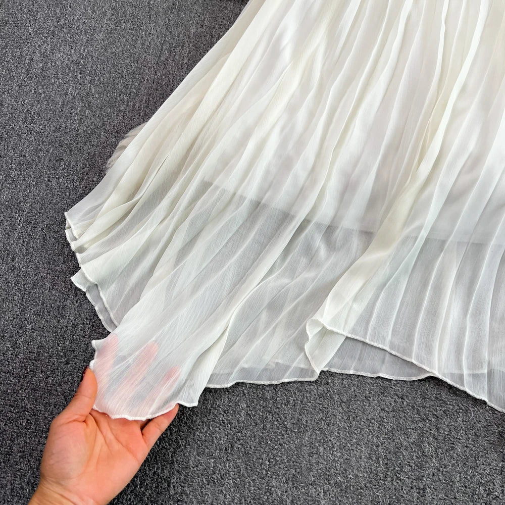 Autumn Solid Pleated Long Dresses for Women Halter V-Neck Flare Sleeve Wedding Party Dress Korean Fashion One Piece Vestidos New