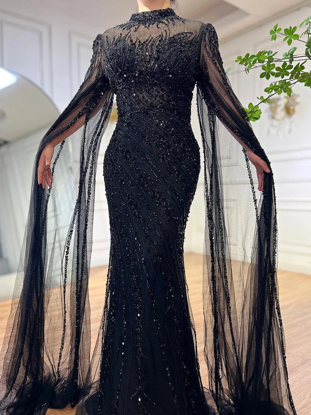 Serene Hill 2024 Nude Cape Sleeves Mermaid Lace Beaded Luxury Dubai Long Evening Dresses Gowns For Formal Occasion LA71885A