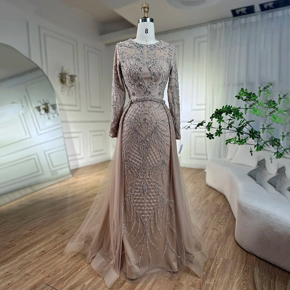 Serene Hill Muslim Silver Nude Mermaid Gown with Detachable Overskirt Beaded Evening Dress for Women Wedding Party 2024 LA71919