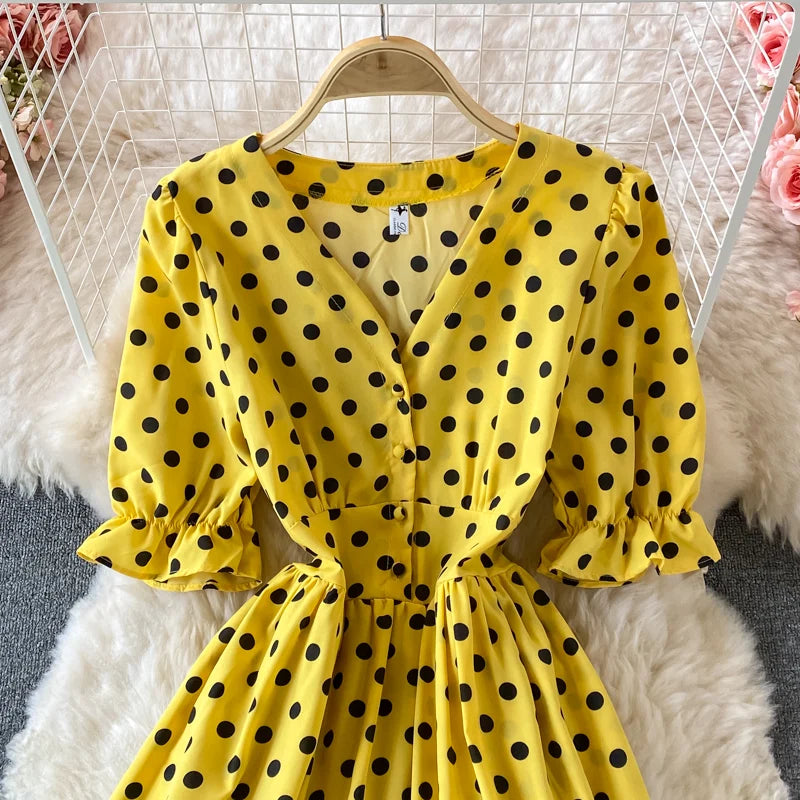 New Summer Women's Fashion Vintage Polka Dot Midi Dress Elegant and Chic A-Line Party Casual White Black Vestidos Female Robe