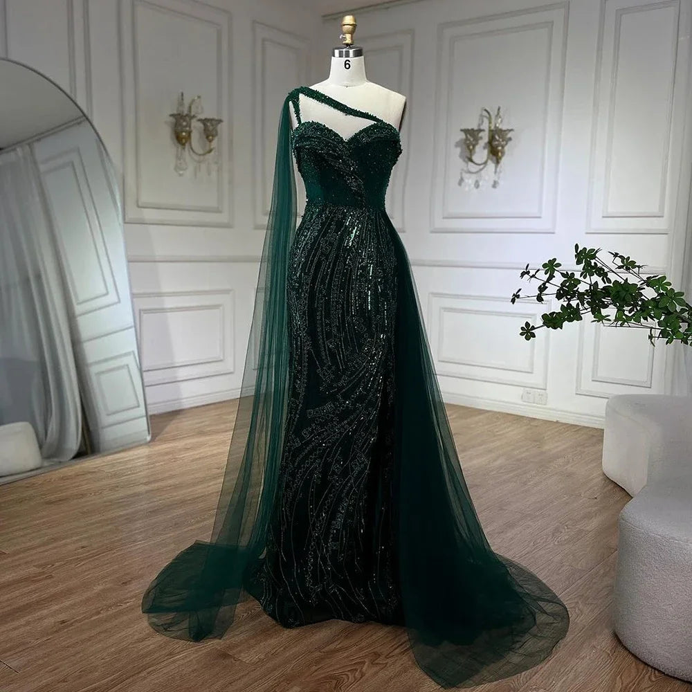 SERENE HILL 2024 Green One Shoulder Mermaid Evening Dresses With Cape Sideskirt Luxury Gown For Women Wedding Party GLA72472