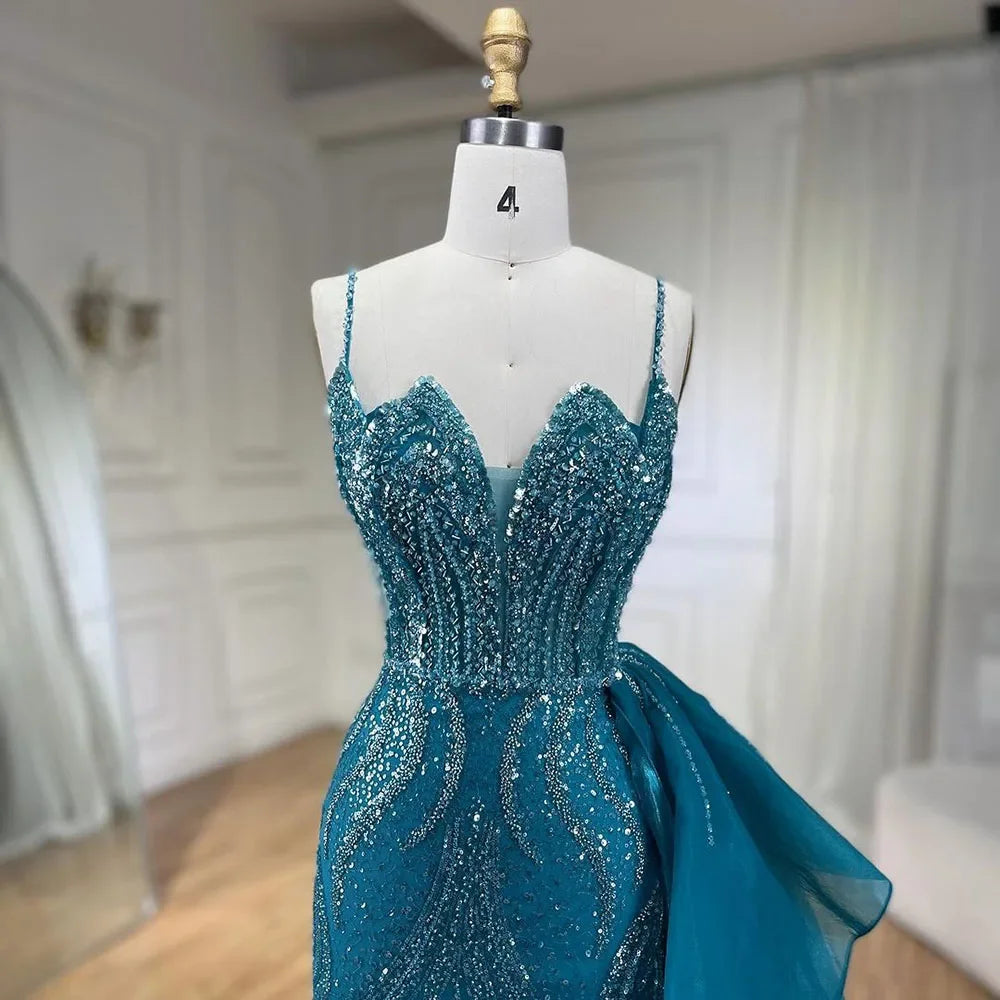 SERENE HILL 2024 Turquoise Spaghetti Strap Luxury Beaded Evening Dresses Mermaid Elegant Overskirt Gown For Women Party GLA72378