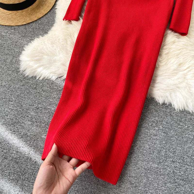 Women Long Sleeve Sexy Bodycon Dress with slit Vintage French Fashion Knit v neck Vestidos Basic Tight Elegant Slim Chic Dresses