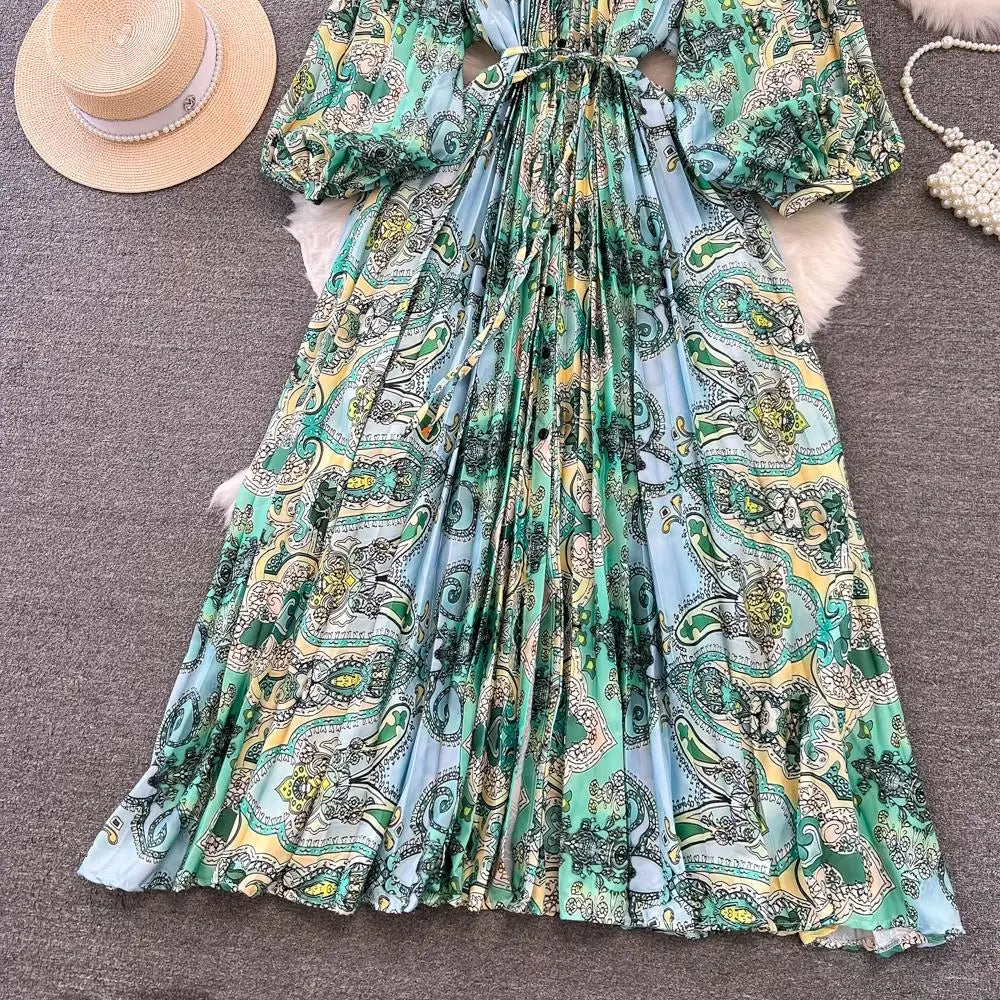 Elegant Women Casual Floral Print Party Dress Vintage Lantern Sleeve A-Line Pleated Prom Birthday Clothes Female Fashion Robe