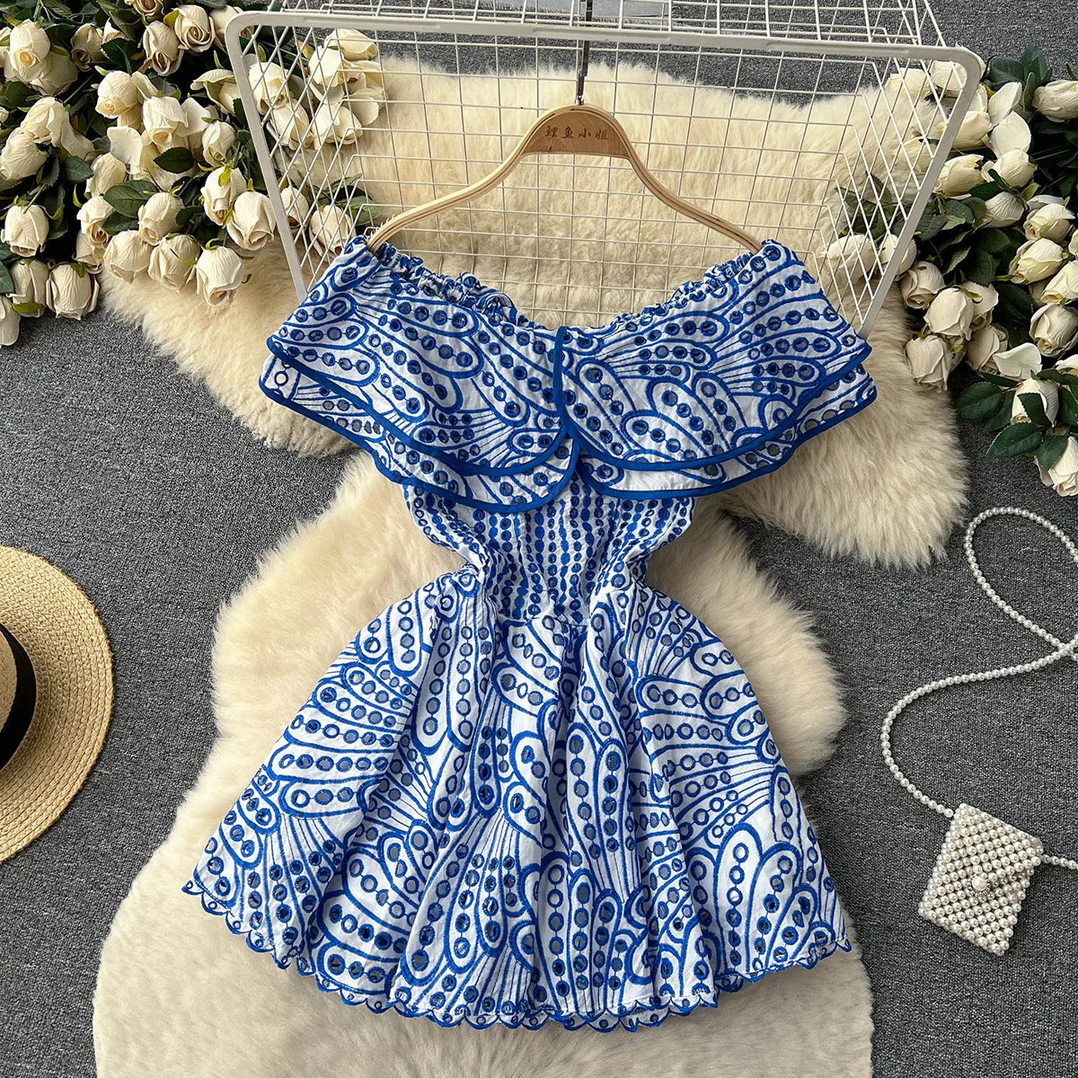 Summer Clothes For Women Ruffle Cutwork Embroidery Dress 2023 Party Sexy Off Shoulder Dress Vacation Mini Beach Dress Sundress