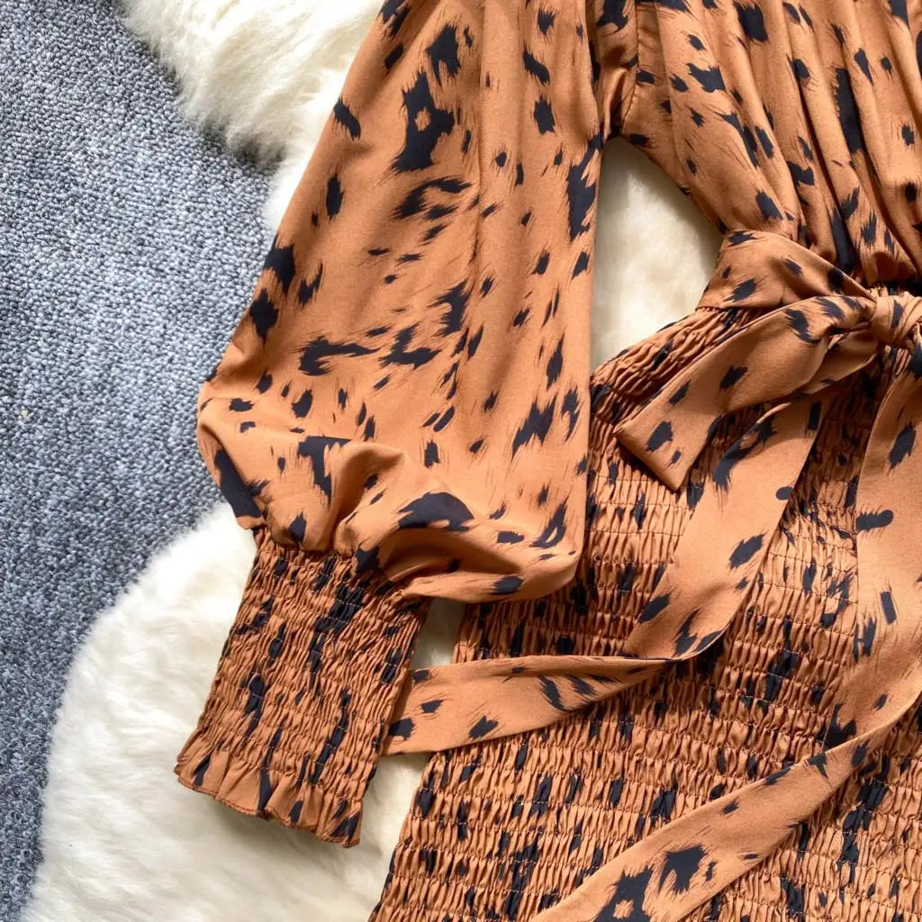 Women Casual Vintage Print Ruffle Long Dress Autumn Elegant V Neck Lantern Sleeve Party Mermaid Dresses Holiday Female Mujer New