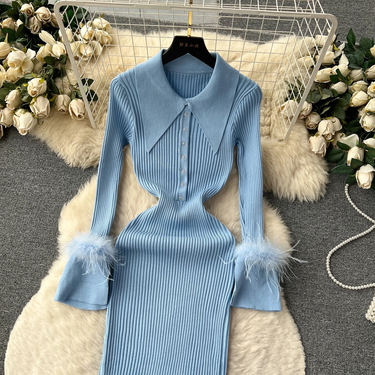 Elegant Turn-down Collar Feather Long Sleeve Knit Bodycon Pencil Dress Slim Fashion Sweater Vestido Sexy Women Winter Clothing