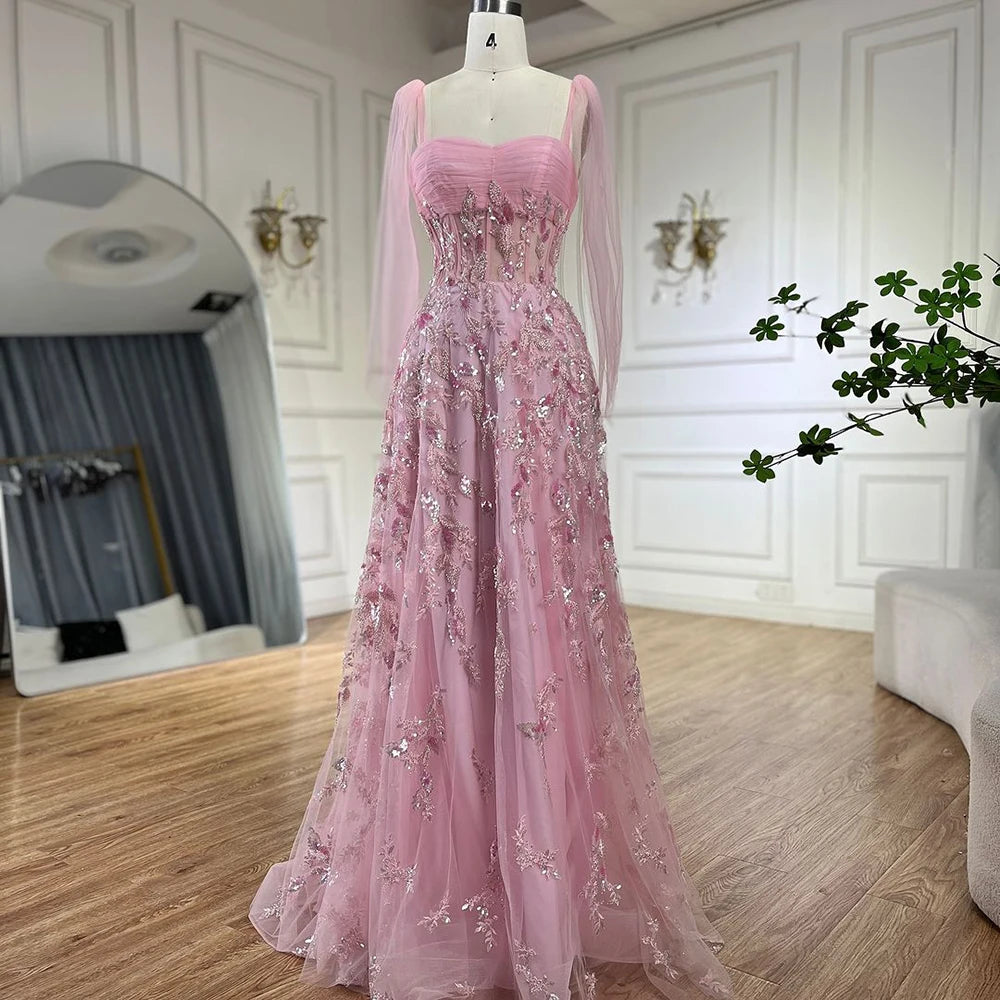 Serene Hill Arabic Green A-Line Elegant Strapless Beaded Long Evening Dresses for Women Party 2024 LA72520