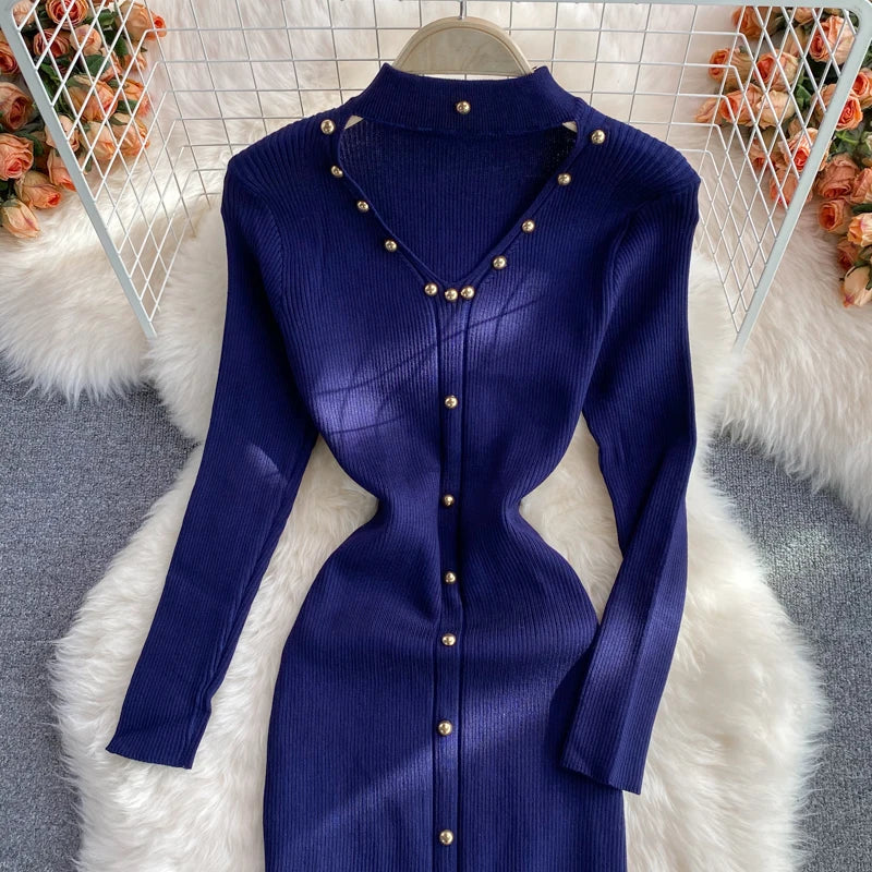 Women Chic Hollow Elegant Long Sleeve Bodycon Dress Sexy Party French Fashion Knit Wrap Vestidos Tight Slim Pencil Dress