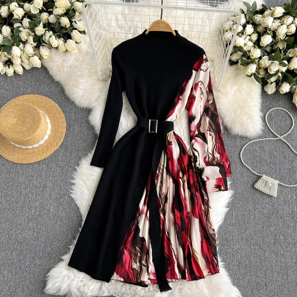 Elegant Chic Print Patchwork Knit Dress French Long Sleeve Party A-line Vestidos High Waist Basic Slim Women Autumn Winter Dress
