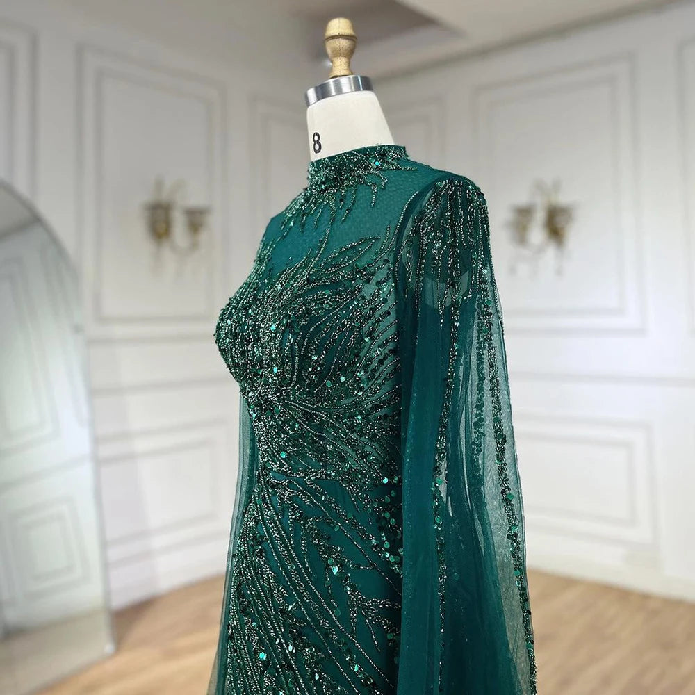Serene Hill 2024 Nude Cape Sleeves Mermaid Lace Beaded Luxury Dubai Long Evening Dresses Gowns For Formal Occasion LA71885A