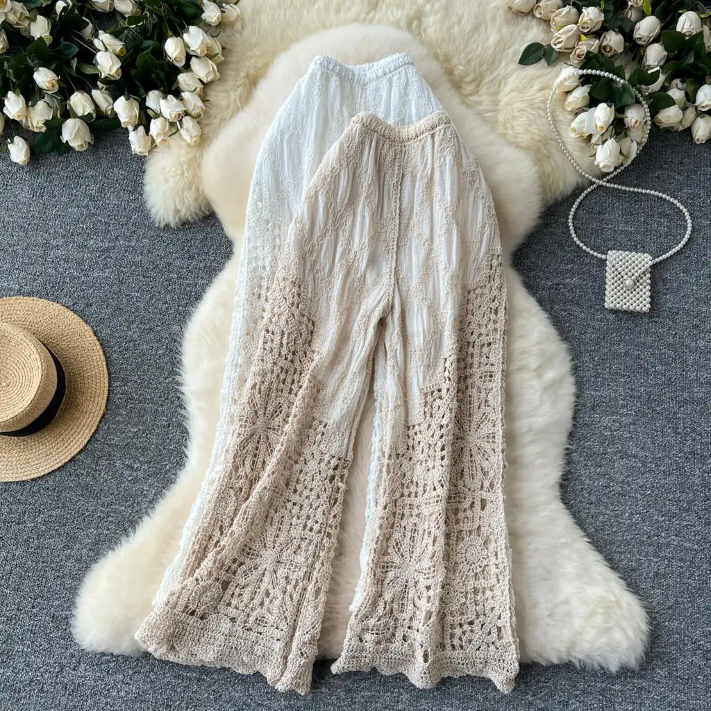 Korean Fashion Women Knitting Trousers Autumn Embroidery Splice Hollow Out High Waist Loose Casual Beach Long Wide Leg Pants New