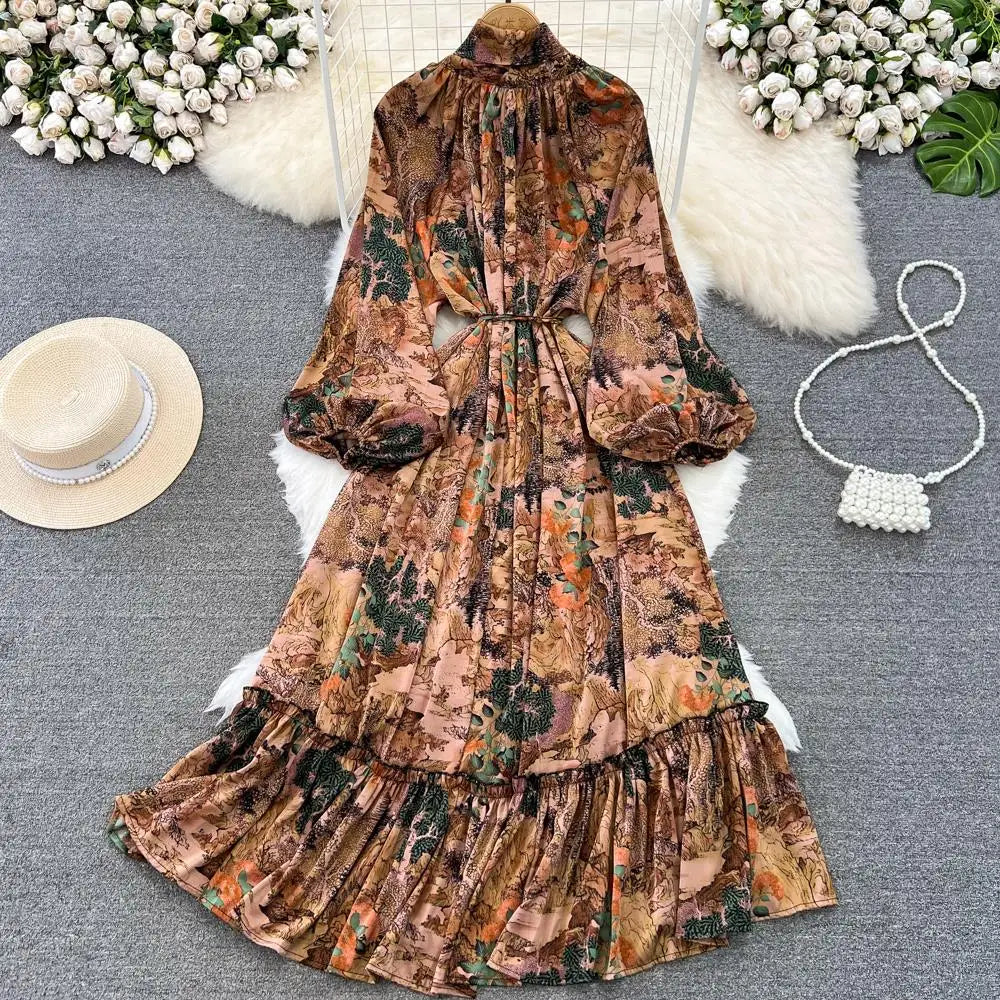 Elegant Casual A-Line Vintage Ruffle Print Long Dress Autumn Lantern Sleeve Party Boho Dresses Beach Holiday Female Vestidos