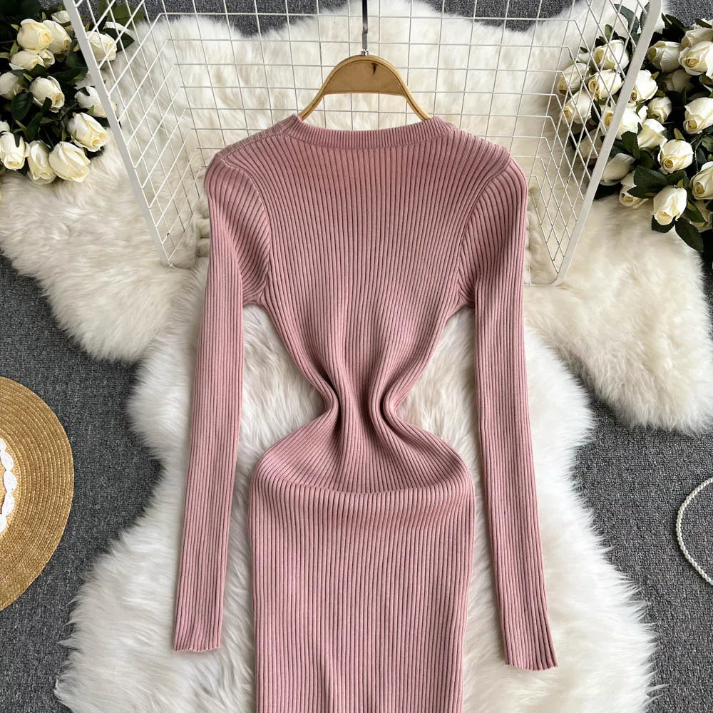 Women Elegant Chic Long Sleeve Sexy Slim Bodycon Dress Vintage Korean Fashion Knit Tight Vestido Autumn Winter Sweater Robe
