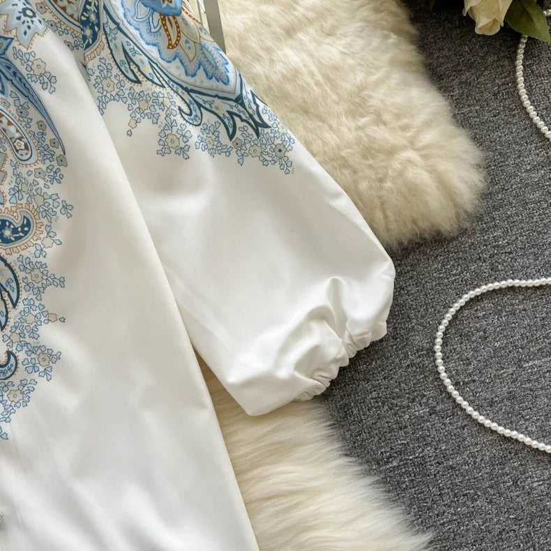 Spring Summer Retro Print Two Piece Set Women Lantern Sleeves Standing Neck Blouse Top+High Waist Wide Leg Shorts Elegant Suits