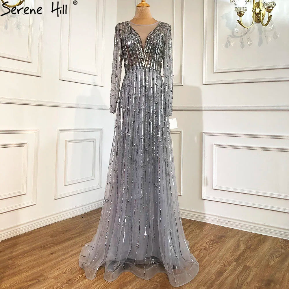 Serene Hill Muslim Gold A-Line Luxury Evening Dresses Gowns 2022 Sparkle Beaded Long Sleeves Sexy For Women Party GLA70674