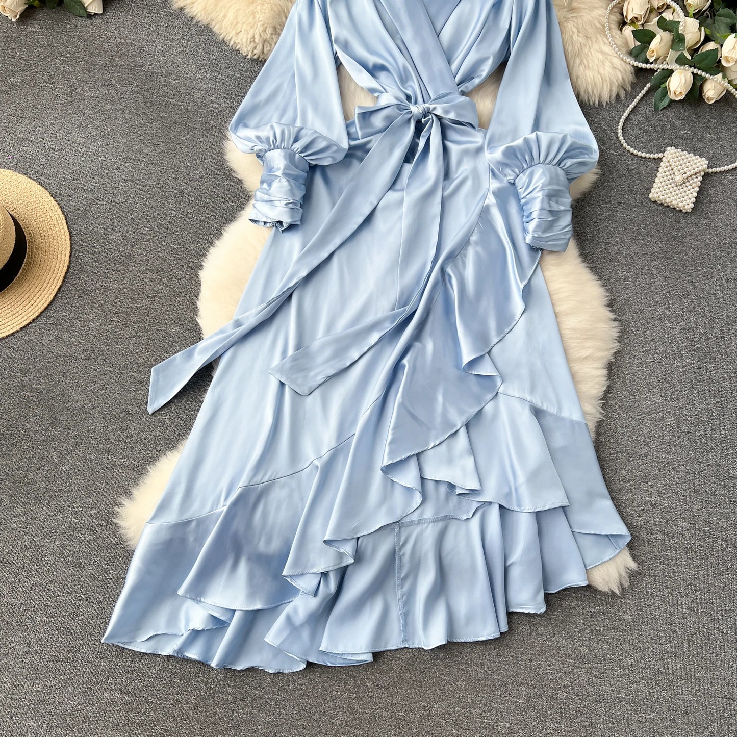 Women Elegant Satin Dress Summer Bandage High Waisted Ruffled Irregular Blazer Dresses Ladies A-line Vintage Party Long Robe