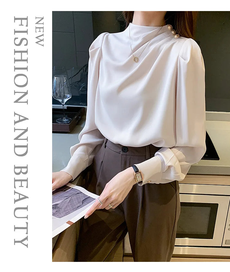 Autumn New Women's Style Stand up Collar Pleated Long Sleeve Top Fashion Lantern Sleeve Loose Elegant Solid Color Shirt Blouse