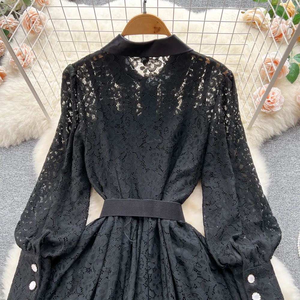 Elegant Chic Lace Hook Flower Hollow Long Sleeve Lapel Dress Party A-line Vestidos High Waist Basic Women Autumn Winter Dress