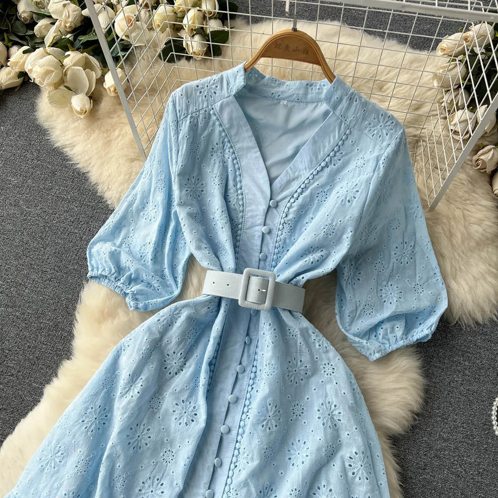 Summer V-neck Hollow Out Dress Women Bubble Sleeves Loose Embroidered Ruffle Edge Long Dresses Ladies Elegant Casual Long Robe