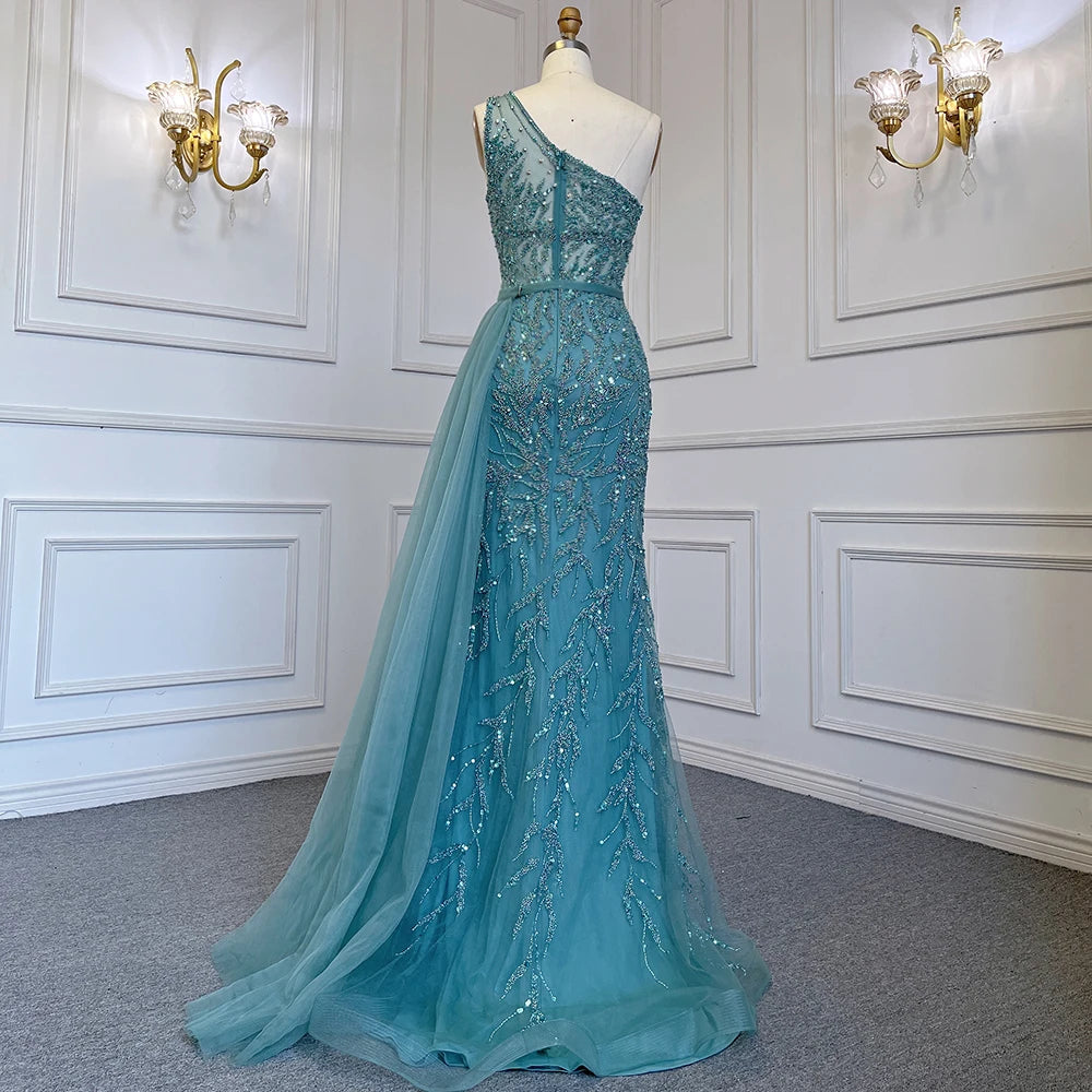 Serene Hill Turquoise Mermaid Elegant With Skirt High Split Evening Dresses Gowns Luxury Beaded Crystal 2024 Women LA71582A