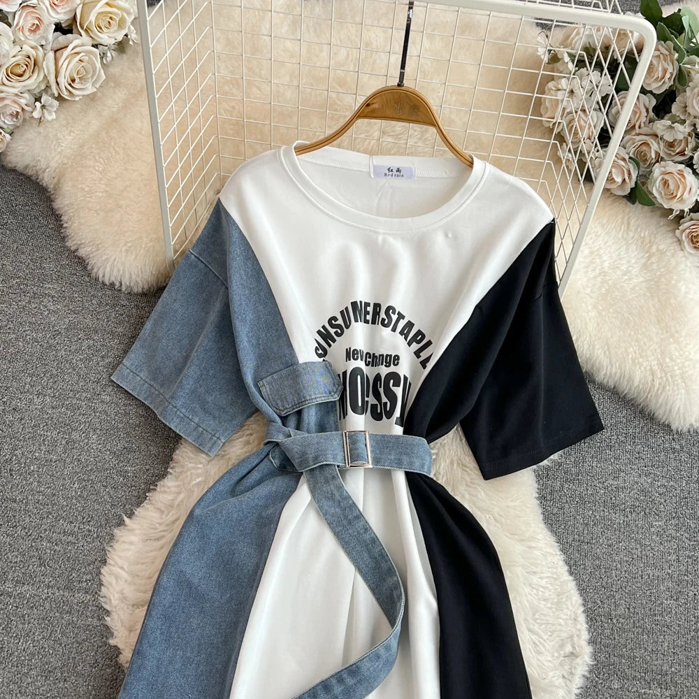 Women Summer Casual T Shirt Short Sleeve Streetwear Patchwork Denim Long Shirts Female O-neck Slim Jeans Tops