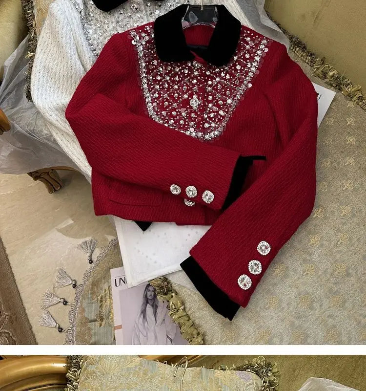 Spring Rhinestone Decoration Tweed Jacket for Women Exquisite Elegant Female Sequin Coat Autumn Trendy Commuter Crop Outerwear