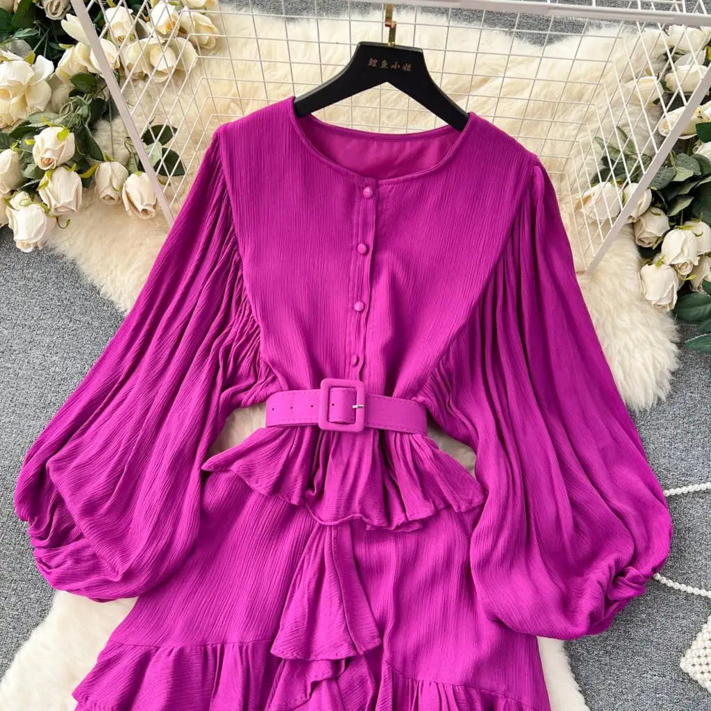 Vintage Puff Sleeve Ruffle Dress Women O-Neck A-Line Elegant Casual Party Prom Dresses Korean Autumn Fashion Female Vestidos New