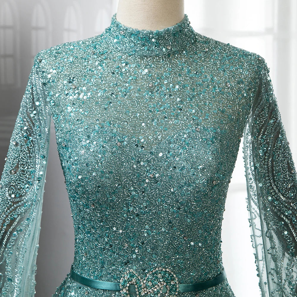 Serene Hill Blue A-Line High-end Beaded Luxury Cape Sleeves Evening Dresses Gowns 2024 For Woman Party Plus Size LA70066B