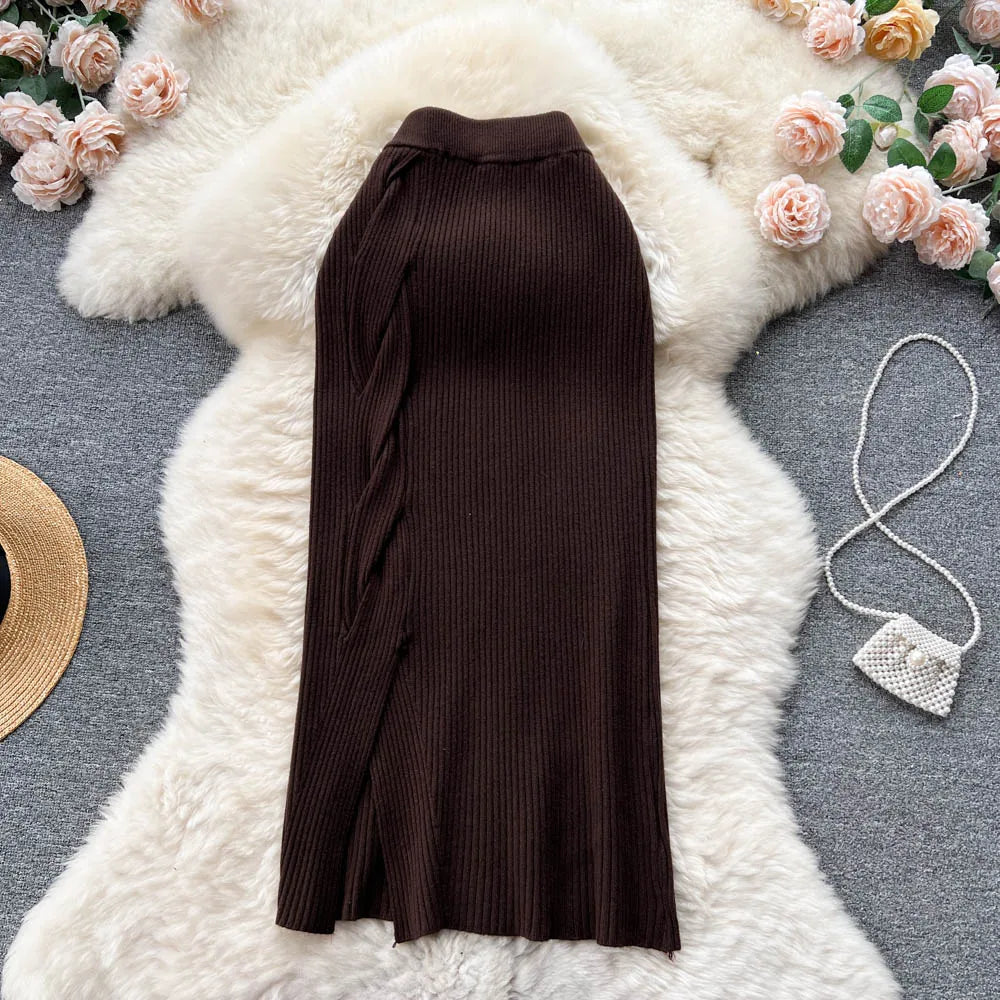 Women Elegant Chic Split Sexy Skirt Elastic Knit High Waist Fashion Vintage Pencil Skirt Black White Spring Autumn Clothing