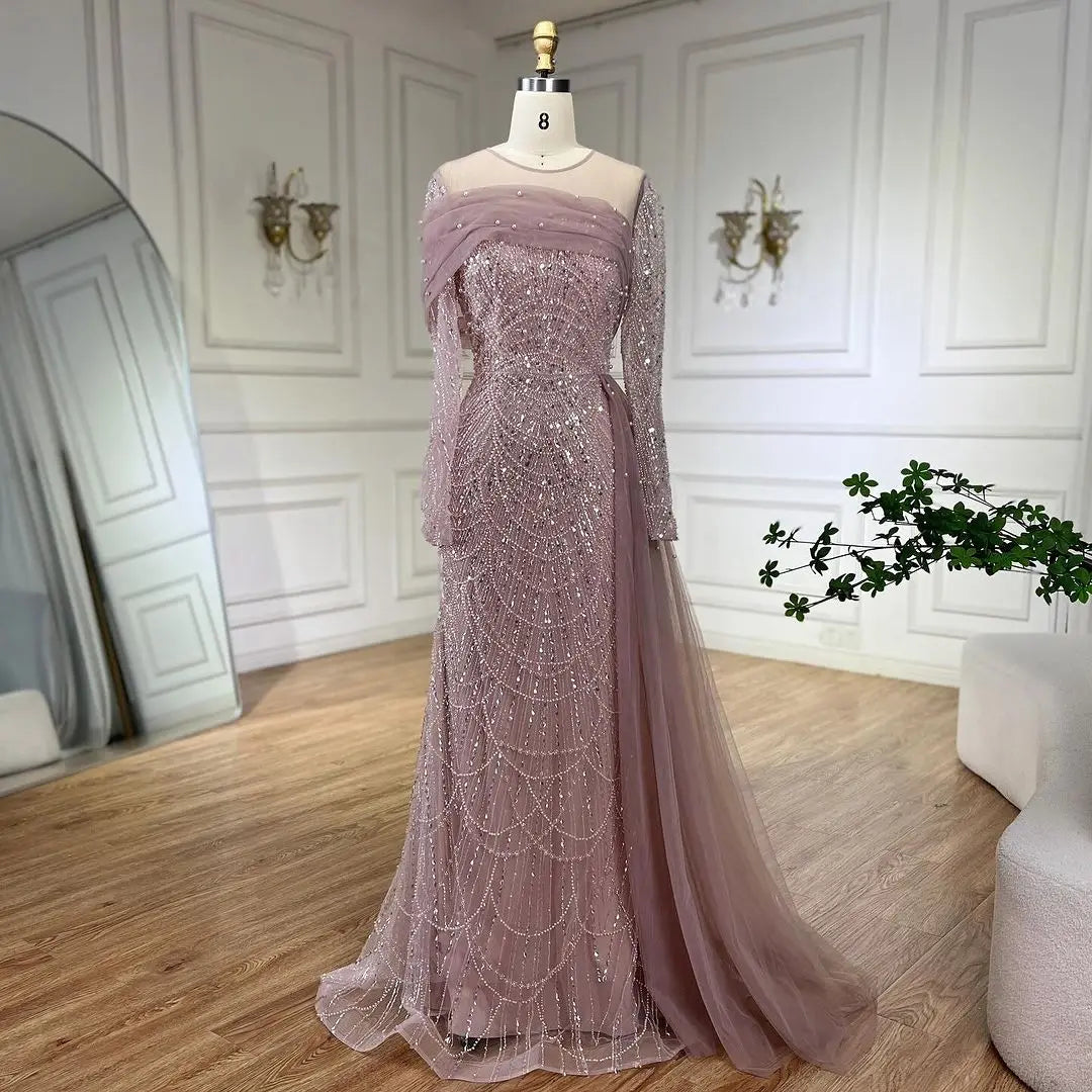 SERENE HILL 2024 Dubai Arabic Nude Mermaid Luxury Beaded Evening Dresses Gowns With Overskirt For Women Wedding Party GLA72254A