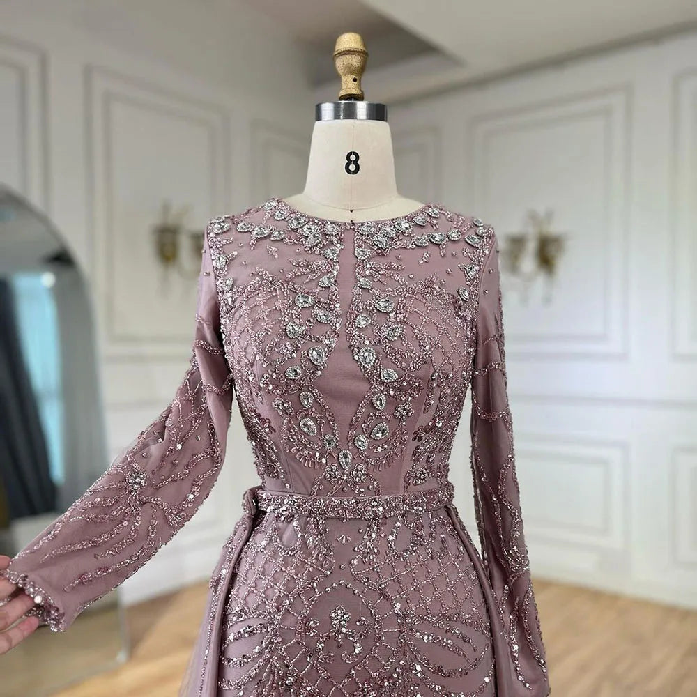 Serene Hill Muslim Silver Nude Mermaid Gown with Detachable Overskirt Beaded Evening Dress for Women Wedding Party 2024 LA71919