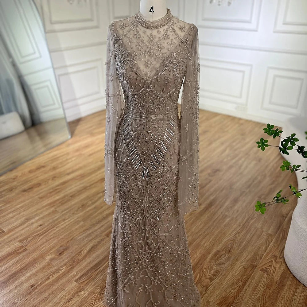 Serene Hill 2024 Muslim Nude Mermaid Elegant Bell Sleeve Beaded Luxury Dubai Long Evening Dress for Formal Occasion LA72316A