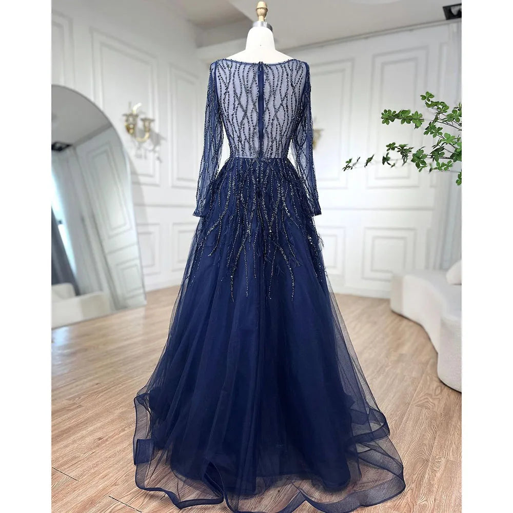 Serene Hill Arabic Red Elegant A Line For Women Long Sleeves Evening Dress Luxury Beaded Handmade Feathers 2024 LA71468