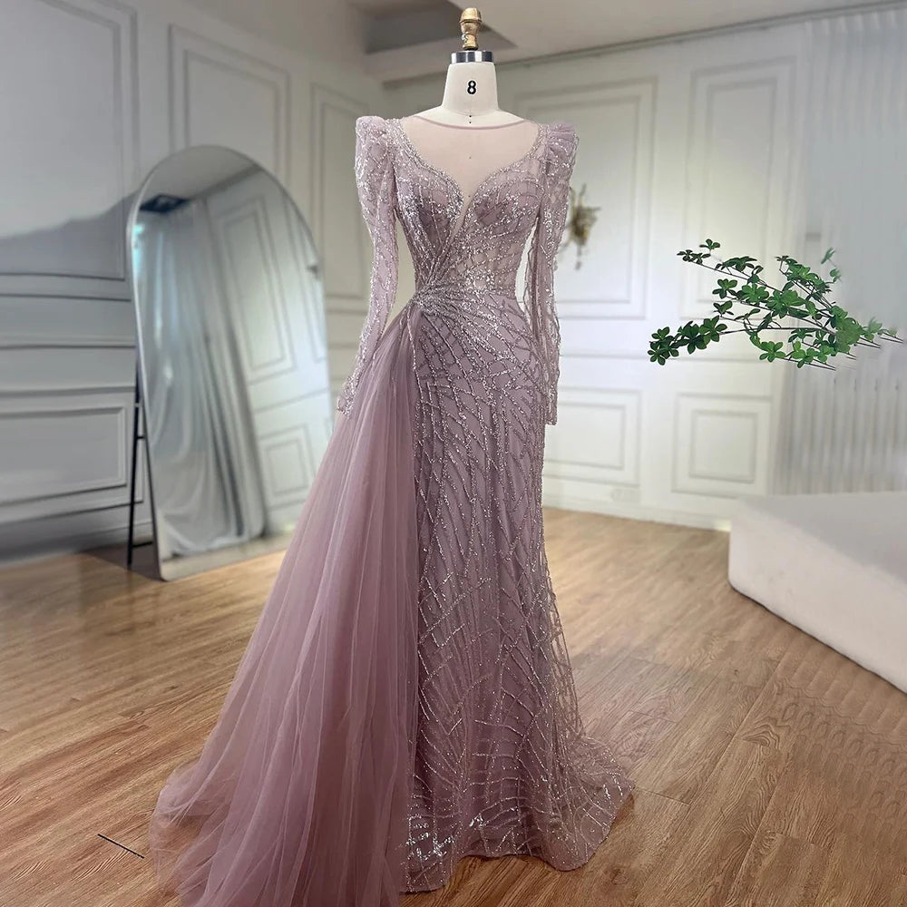Serene Hill Muslim Gold Mermaid Beaded Luxury Dubai Evening Dresses Gowns With Overskirt 2024 For Women Party LA72206