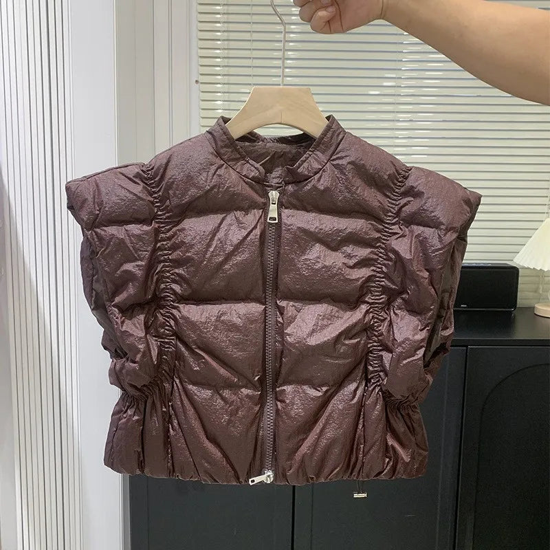 Women's Trendy Down Jacket Vest Winter Chic Sleeveless Zip Coat Round Neck Cropped Warm Waistcoat Female Spring 2024 New